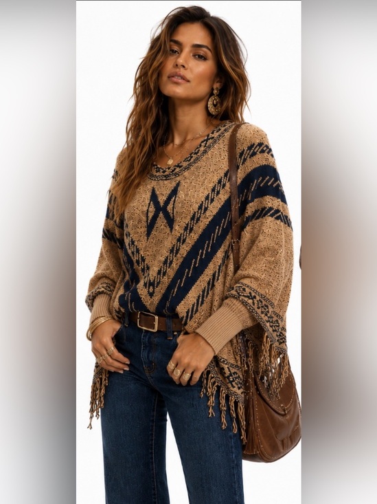 Sweaters - Women's Tan and Black Bohemian Fringe Sweater/Poncho size S